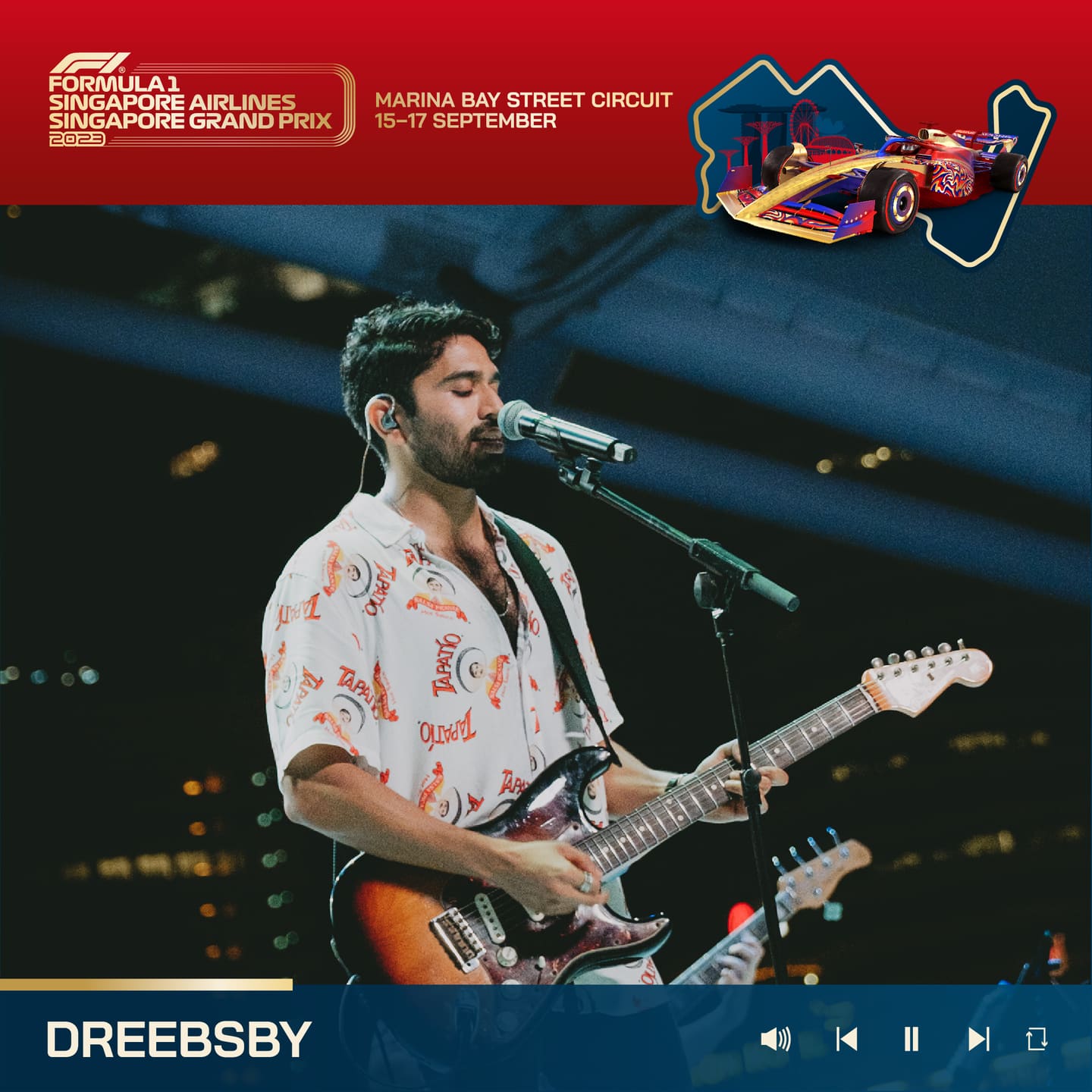Sam Padbidri performing as Dreebsby at the Formula 1 Singapore Grand Prix in 2023